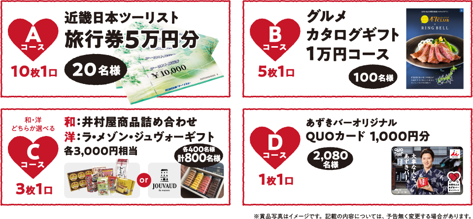 Aコース 10枚1口 近畿日本ツーリスト旅行券5万円分 20名様
Bコース 5枚1口 グルメカタログギフト1万円コース 100名様
和・洋どちらか選べるCコース 3枚1口 和:井村屋商品詰め合わせ 洋:ラ・メゾン・ジュヴォーギフト 各3,000円相当 各400名様計800名様
Dコース 1枚1口 あずきバーオリジナルQUOカード 1,000円分 2,080名様
※賞品写真はイメージです。 記載の内容については、予告無く変更する場合があります。