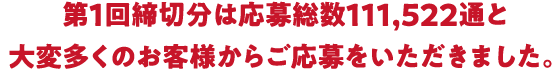 第１回締切分は応募総数111，522通と大変多くのお客様からご応募をいただきました。