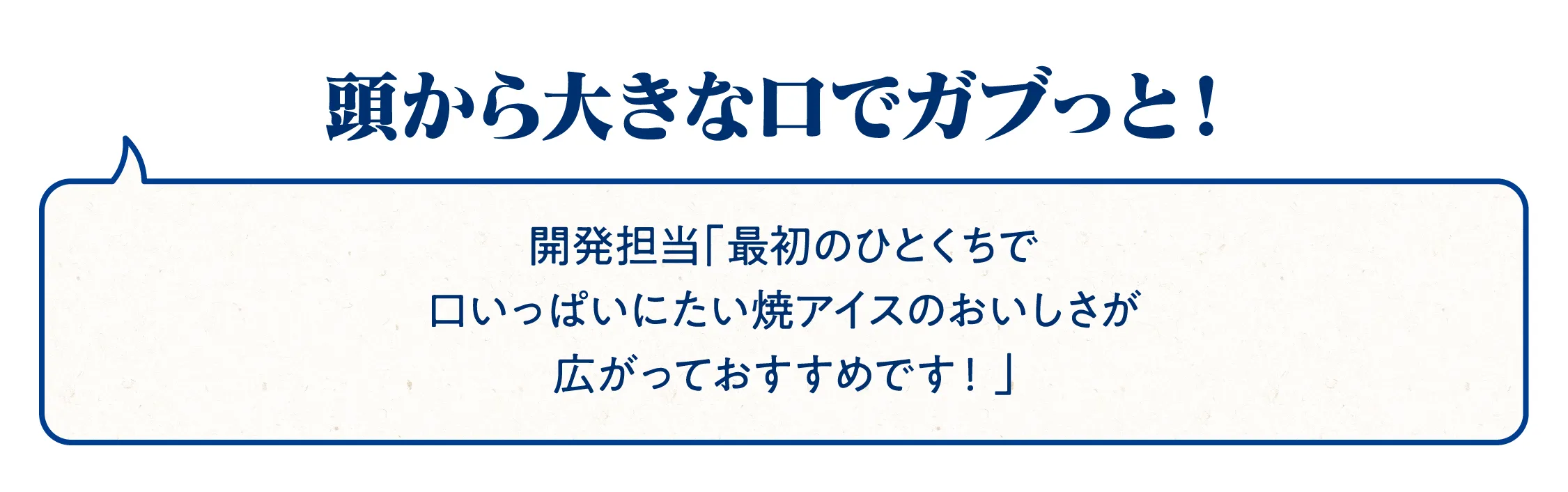 頭から大きな口でガブっと！開発担当「最初の一くちで口いっぱいにたい焼アイスのおいしさが広がっておすすめです！」